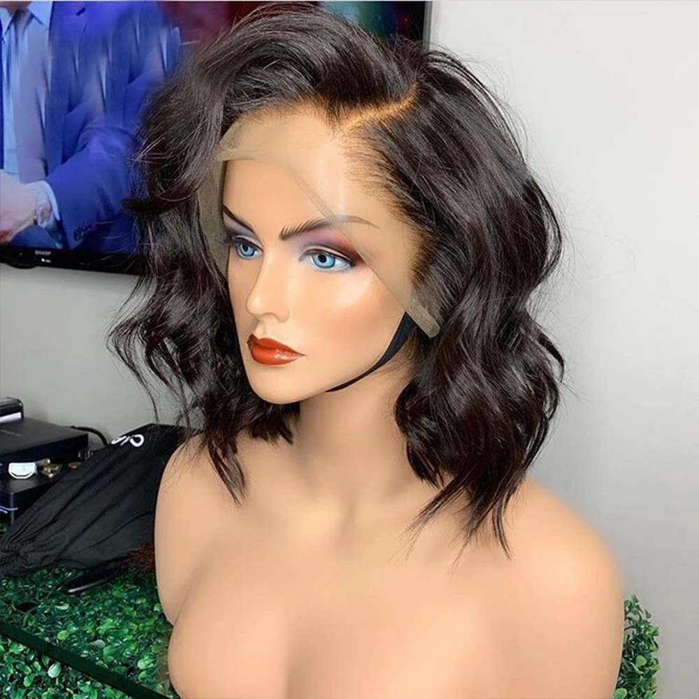 SimBeauty Glueless 13x6 парики на шнурках спереди с волосами младенца предварительно сорвал короткие парики боб естественная волна перуанские волосы Remy парик
