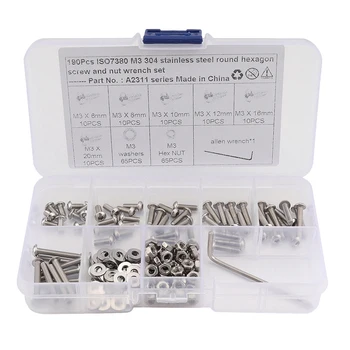 

190 PCS 304 Stainless Steel M3 Round Head / Flat Head Hexagon Socket Screw Nut Wrench Kit