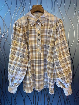 

2020 Early Autumn New Women's Lapel Plaid Pattern Decorative Button Long Sleeve All-match Shirt 717