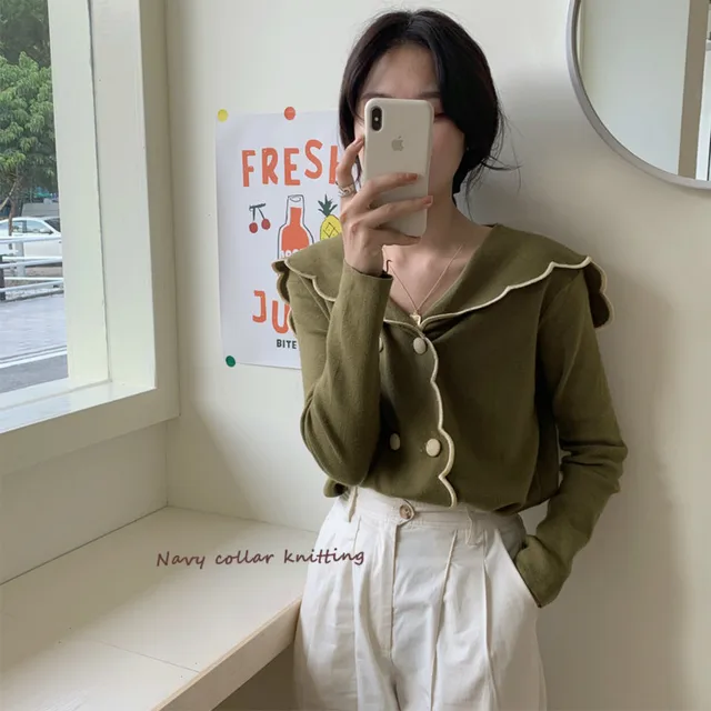 US $44.99 Women Autumn Winter Green Short Sweater Coat Retro Gentle Double Breasted Knitted Cardigan Coat Cas
