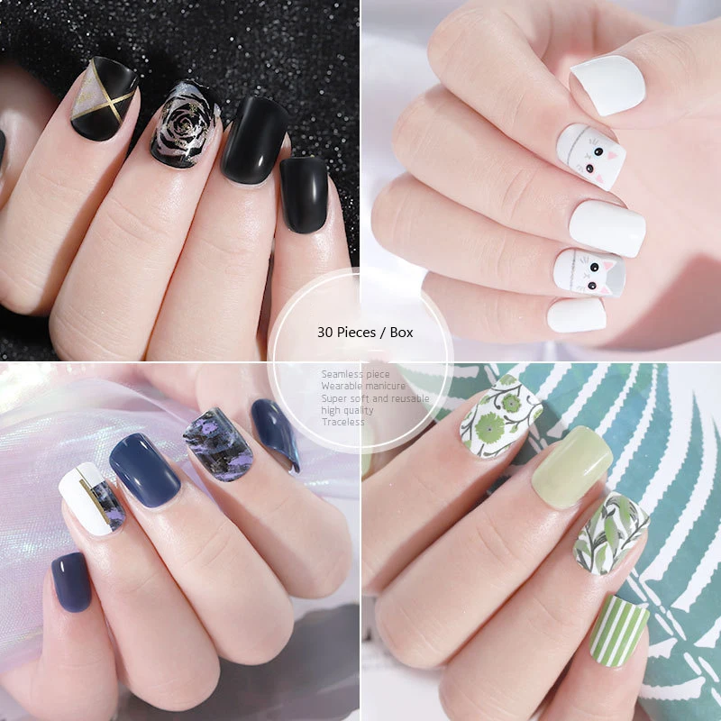 

30Pcs Fake Nails Flower Fake Nails Glitter Nail Accesories Press on Nails Hit Color Nail Tips Cute Pig Artifical Nails Nail Art