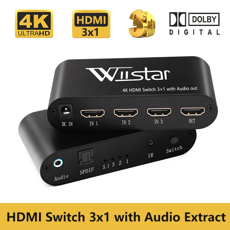 Wiistar HDMI переключатель 3 в 1 выход адаптер 4 к с аудио экстрактором оптический Toslink 5