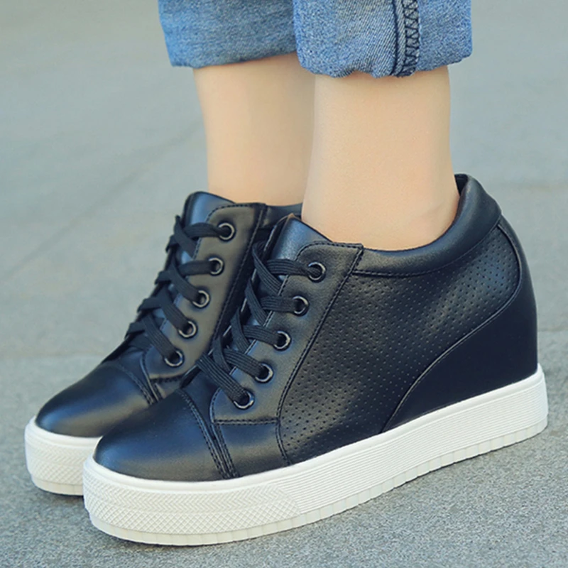 

Women Sneakers PU Leather Lace Up Wedges Increase Within Rubber Black Round Toe Ankle Casual Platform Ladies Shoes Zapatos Mujer