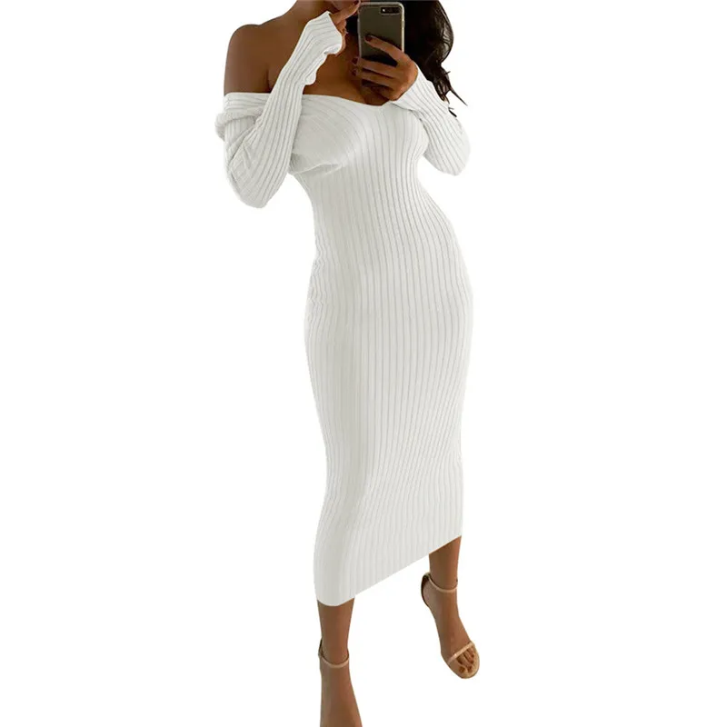 Сексуальное вязаное платье в рубчик с глубоким v-образным вырезом, классическое эластичное платье с открытыми плечами длиной до середины икры, изящная женская уличная одежда Vestido на каждый день - Цвет: Белый
