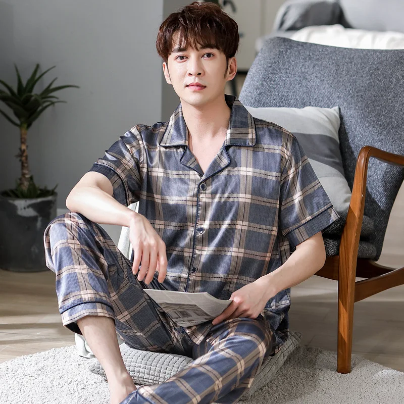 

Summer Men's Thin Viscose Fiber Pajamas Plus-sized Loose Artificial Silk Short-Sleeved Trousers Middle-aged Dad Leisure Tops