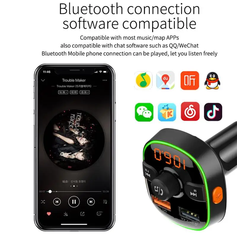 QC3.0, автомобильный Bluetooth 5,0, fm-передатчик, беспроводной, громкая связь, аудио приемник, авто MP3 плеер, двойной USB, быстрое зарядное устройство, автомобильные аксессуары