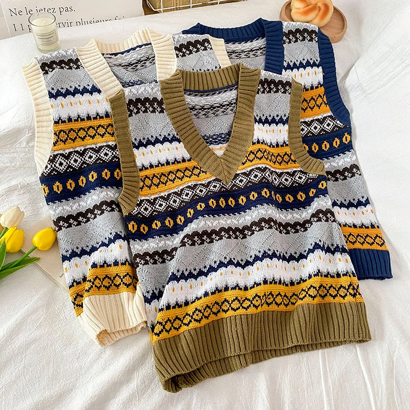 Plaid Knitted Waistcoat Sweater Vest Women Slim Autumn Outerwear Sleeveless Vest Jacket Casual V-neck Knitting Bottoming Sweater autumn and winter new men s fleece lined thickened knitting bottoming shirt men s cross border