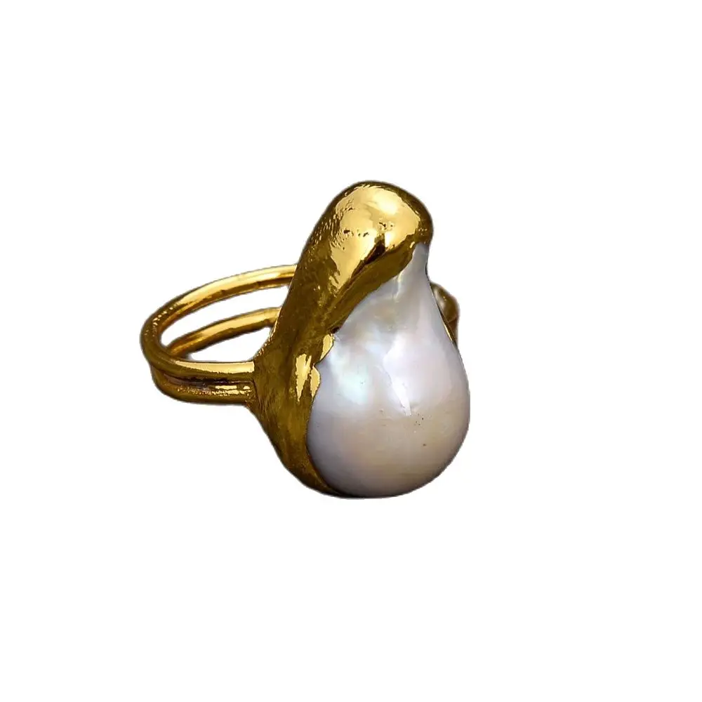 

GG Jewelry Beautiful White Broque Pearl Yellow Gold Plated Rings For Women