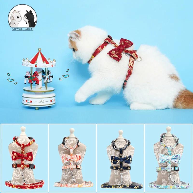 Bow Pet Cat Set Harness Japan No Pull Adjustable Dog Leash Vest Classic Running Strap Belt for Small and Medium Cats | Дом и сад