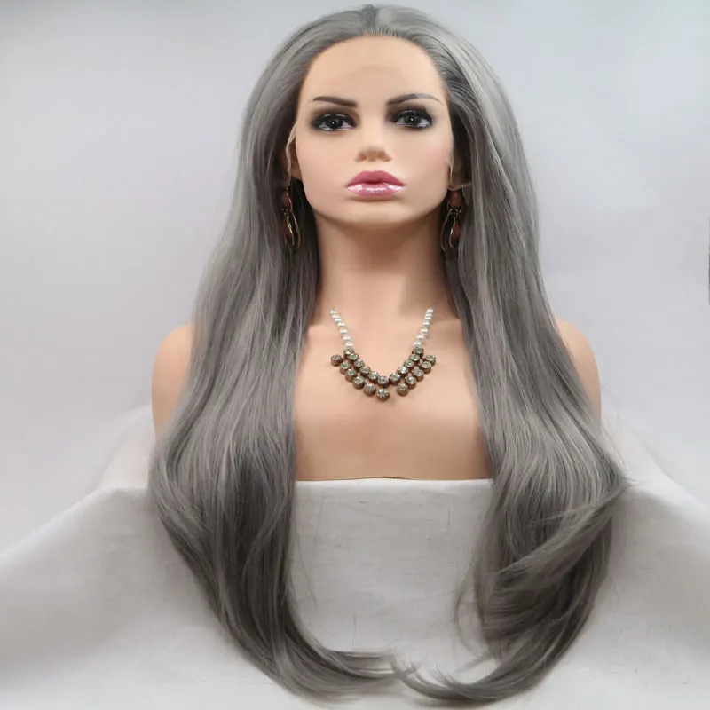 Siver Grey Natural Straight Hand Tied Synthetic 13*3 Inch Lace Front Wig Heat Resistant Fiber Free Part Hair For Women Girl Wigs - Цвет: Золото