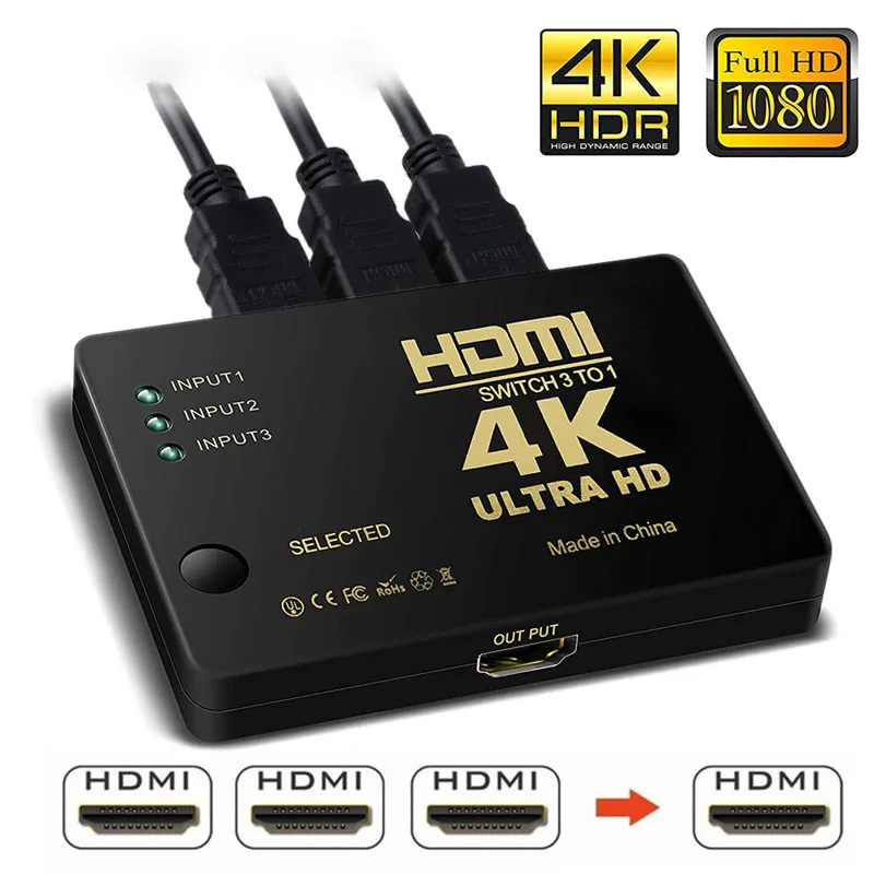 3 порта 4K * 2K 1080P Коммутатор HDMI-совместимый Переключатель Селектор 3x1 сплиттер