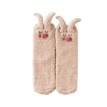 Женские носки из кораллового флиса с заячьими ушками модные милые женские носки до середины голени ярких цветов мягкие домашние носки для девочек chaussette femme