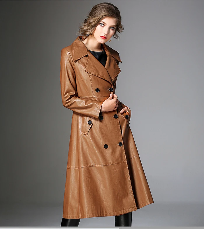 PU Long Leather Trench Coat Women 2019 New Autumn Winter Leather Trench Coat Slim Female Long Coats Plus Size M-3XL Outwear 10