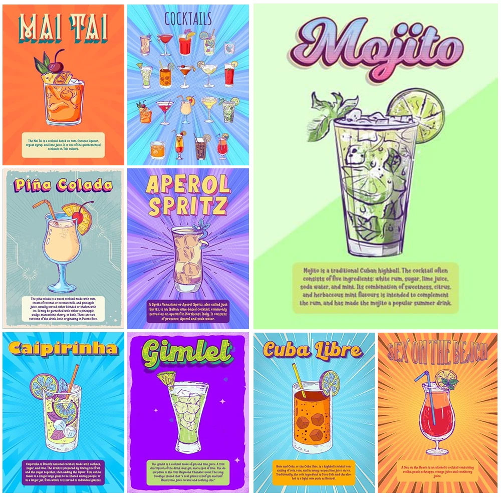 

Cartoon Cocktails Drinks Menu Mojito Wall Pictures For Living Room bar Decor Nordic Poster Wall Art Canvas Painting Unframed