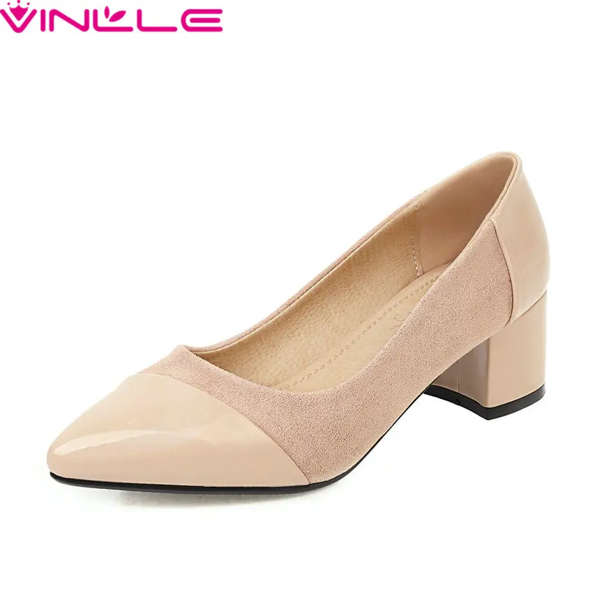 

VINLLE 2020 Fashion Square High Heel Shallow Ladies Single Shoes Mixed Color PU Leather Sexy Pointed Toe Women Pumps Size 34-43