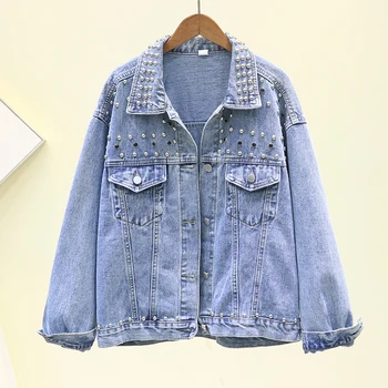 

Vintage Denim Jacket Women Outwear Spring Autumn Korean Rivet Diamond Loose Single breasted Long sleeve Jeans Jacket Coat Female