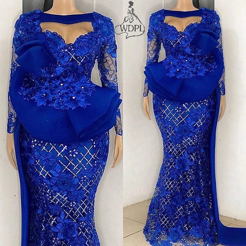 Real Photos Nigerian Woman Dress Royal Blue vestido de festa longo Full Sleeves Evening Dresses Long Lace Abendkleider Prom Gown_看图王