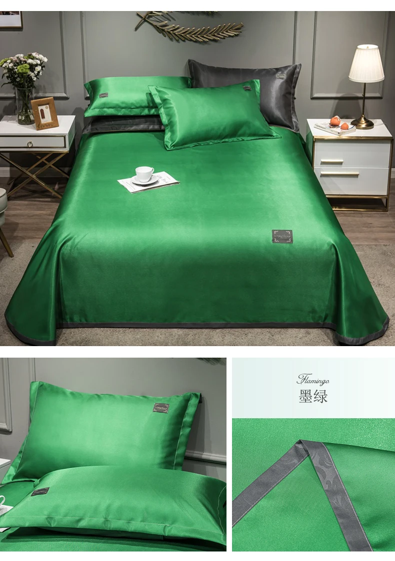 2021 Newest Products Pure Color Embroidered ice Silk Mat Bed Cover fitted sheet Pillowcases 3 pcs Luxury Bedding Green Color