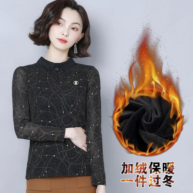 

2019 Western Style Underwear Tops Gauze Base Shirt Black And White with Pattern Shayi Long Sleeve plus Velvet T-shirt Women's Au