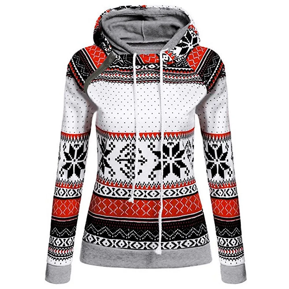 

2019 Women Christmas Print With Zipper Pullover Hooded Sweatshirt Tops 7.29