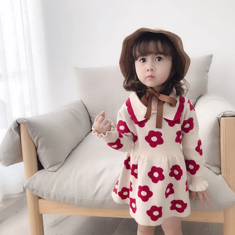 

New 2019 Baby Dresses For Girls Autumn Winter Long Sleeved Flower Knitting Dress Collar Pocket Doll DressGirls Baby Clothing