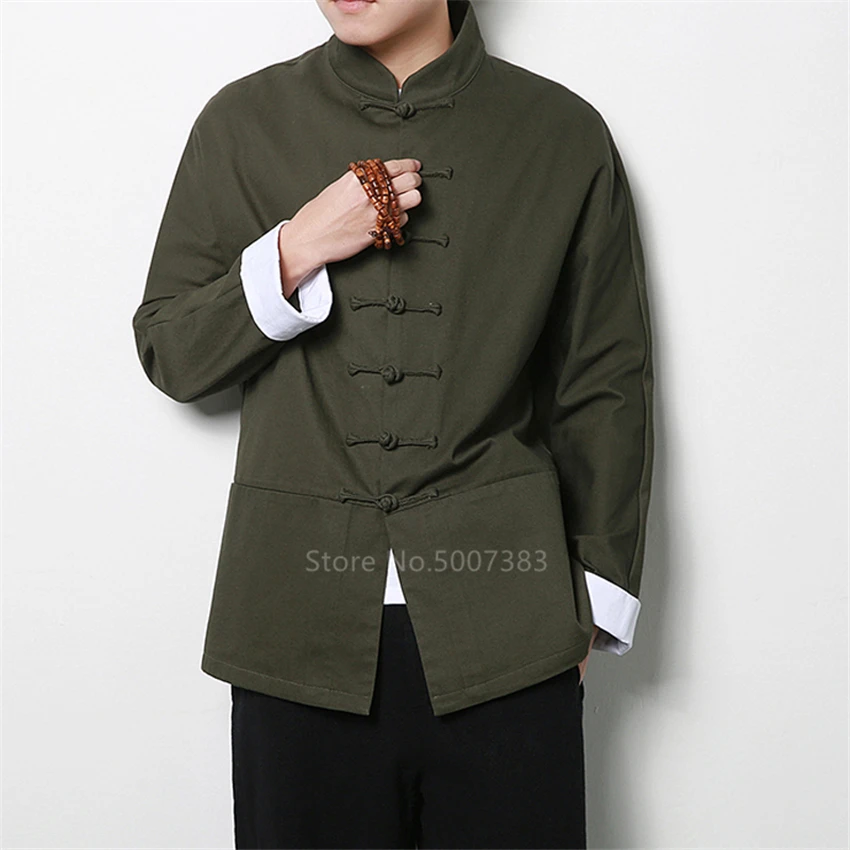 Традиционная китайская одежда для мужчин Hanfu Винтаж Тан костюм воротник стойка полный рукав китайский топ Кунг Фу Винтаж год