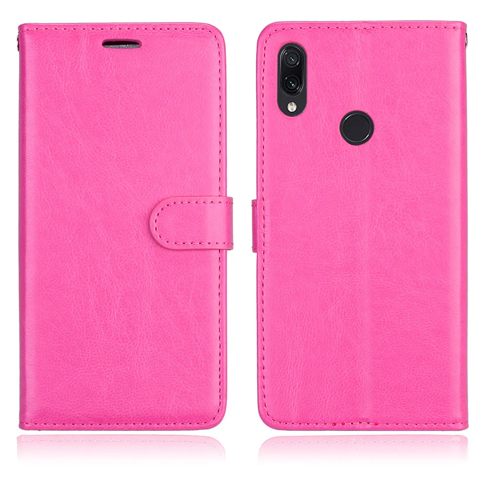 Розово-красный Для Xiaomi Redmi Note 7 Чехол, чистый цвет, из искусственной кожи, складная подставка, держатель для карт, кошелек, чехол для телефона, противоударный чехол с защитой от царапин - Цвет: Розово-красный