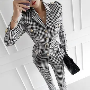 

Women Vintage Business Plaid Set Winter Slim Blazer Coat High Waist Pants Suits Office Work Blazer Outfits