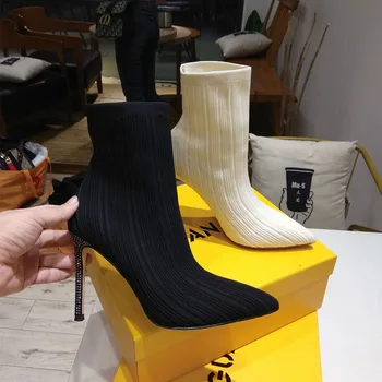 

Free shipping fashion women boots black white stretch crystal pointy toe heels ankle boots shoes sexy lady