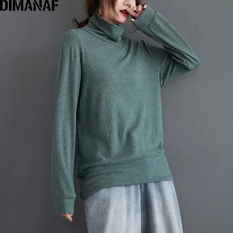 

DIMANAF Plus Size Women T-Shirt Long Sleeve Basic Lady Tops Tunic Tee Turtleneck Cotton Knitted Loose tshirt Thin Women Clothing
