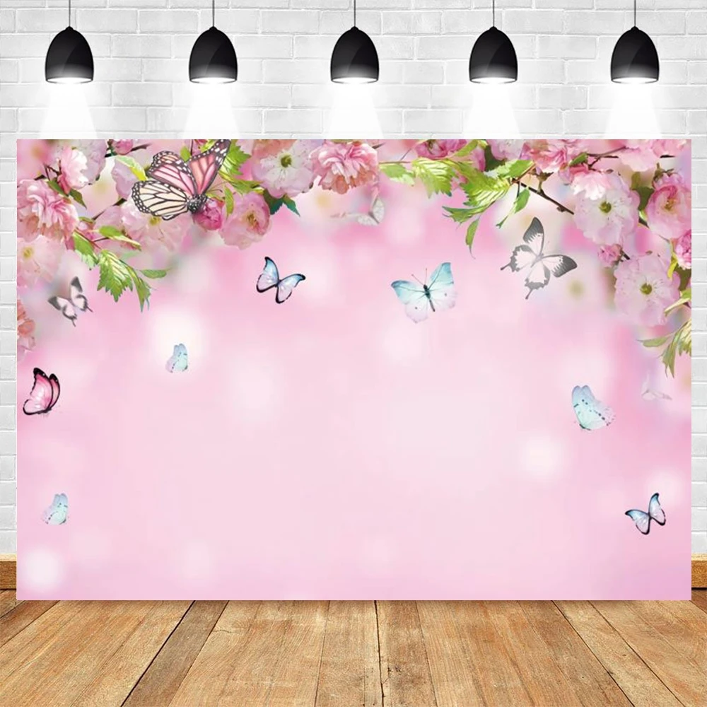

Yeele Spring Pink Flower Butterfly Dreamy Photocall Background Baby Shower Birthday Backdrop Photography For Photo Studio Custom