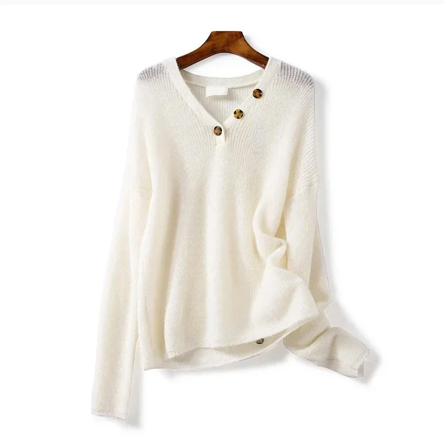 Ribbed Knit Pullover Women Elegant Autumn Mohair V