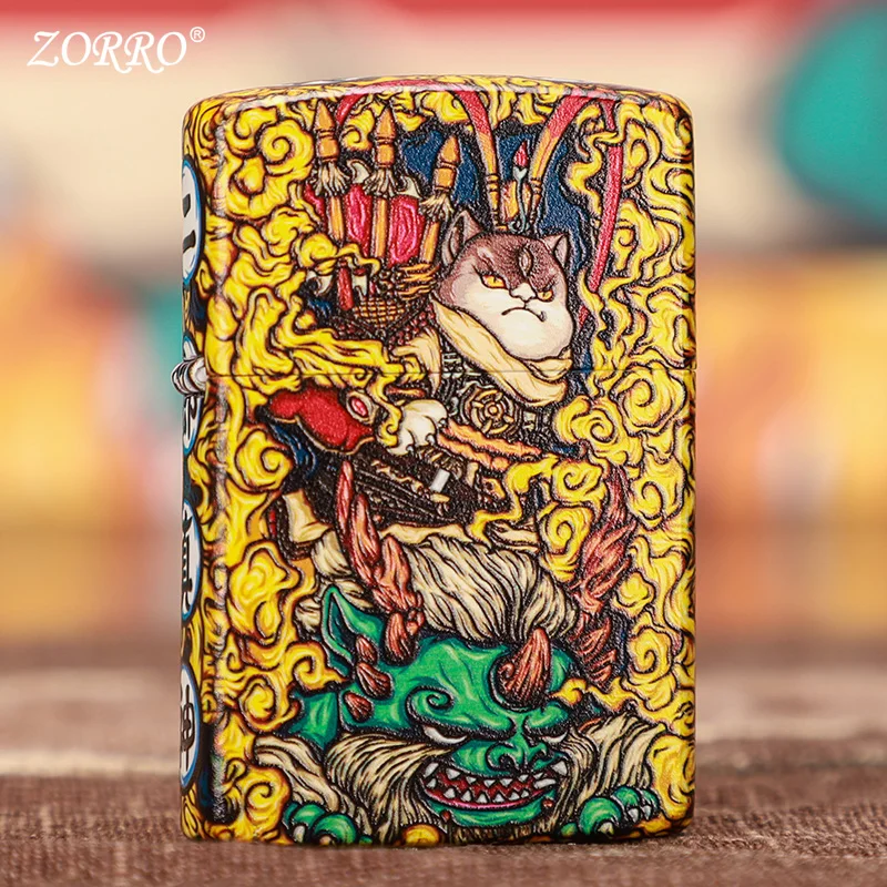 Guochao Zorro lighter creative color paint Erlang God retro grinding wheel personality kerosene windproof lighter for boyfriend
