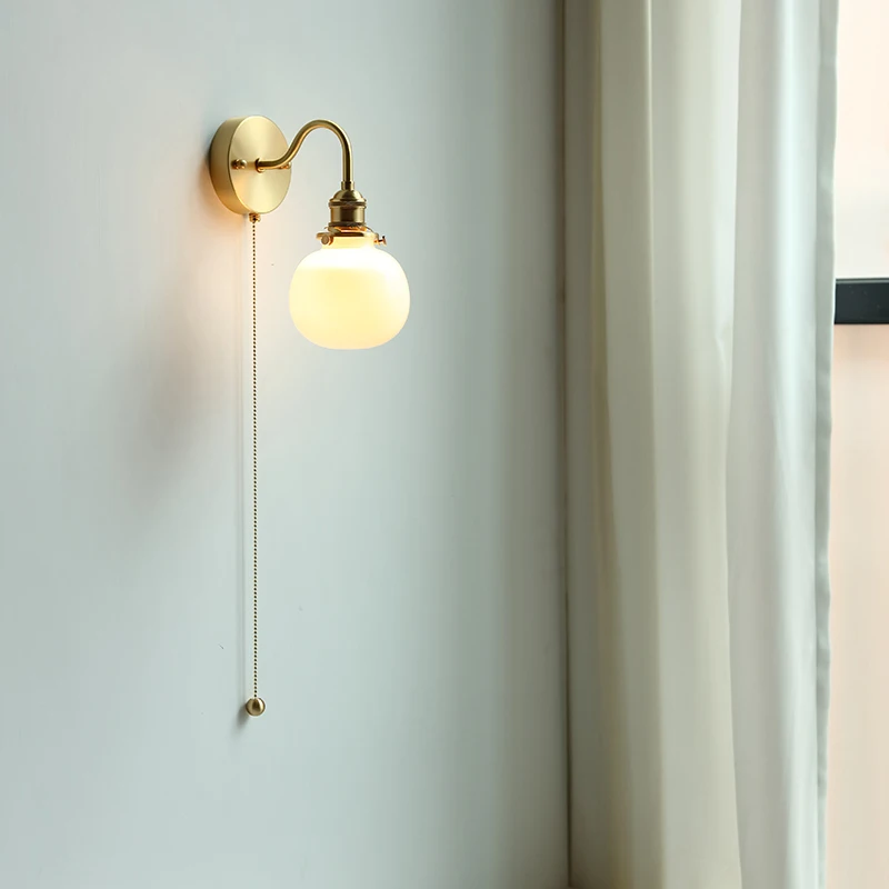 Nordic LED Bathroom Mirror Light Fixture Pull Chain Switch Home Lighting Copper Glass Wall Lamp Sconce