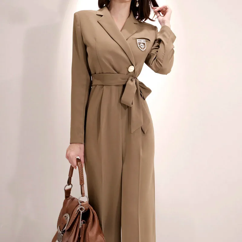 

ZOSOL OL Elegant Wide Leg Lace Up Jumpsuits Women Autumn Solid Color Rompers Belted Waist Office Wear Playsuits