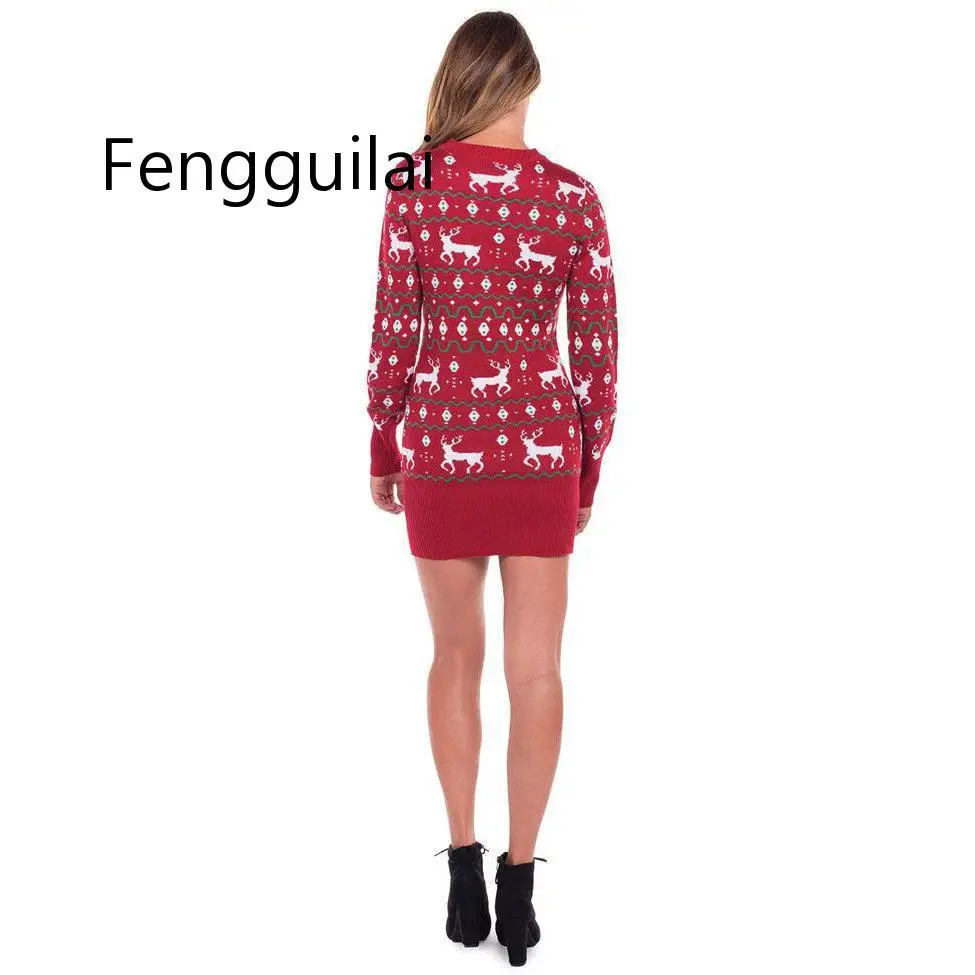 Christmas Sexy Elk Pullover Slim Sweater Dress Women Streetwear Casual Mini Sweaters Dress Female Winter Warm Sweaters Pullovers