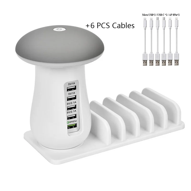 

Charger Station With 6 Fixed Cables ,5 USB Port QC 3.0 Quick Charger with LED Lamp For for i Phone,i Pad, Smartphones, Tablets