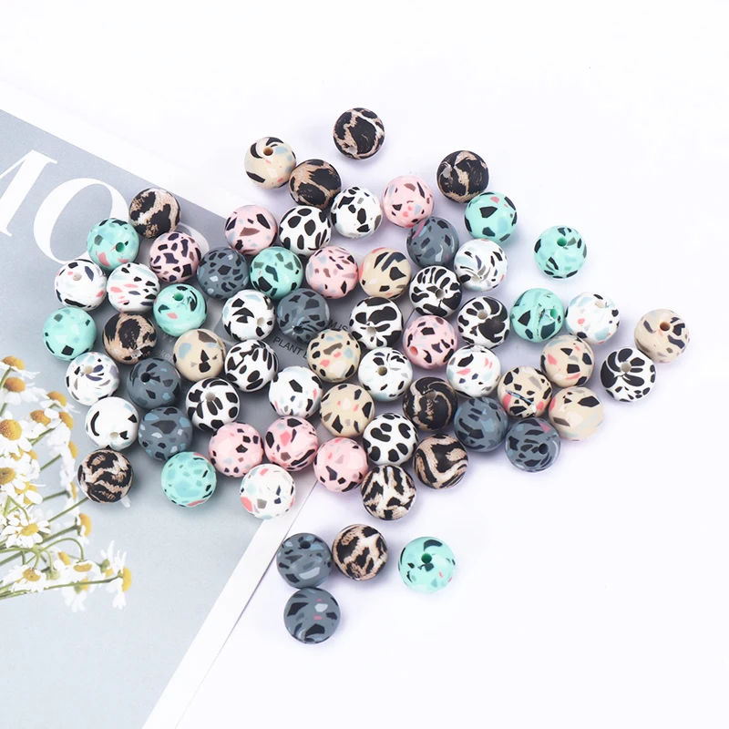

New Silicone Loose Beads 50Pcs/Lot BPA Free 15mm Leopard Camo Silicone Round Beads Teething Beads for Pacifier Chain
