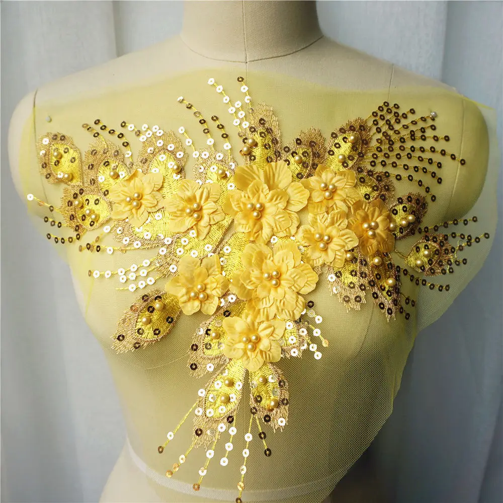 Желтая блестящая кисточка 3D цветок Роза кружевная ткань с бусинами вышитая одежда аппликации Воротник Сетки пришить патч для свадебный Декор Сделай Сам