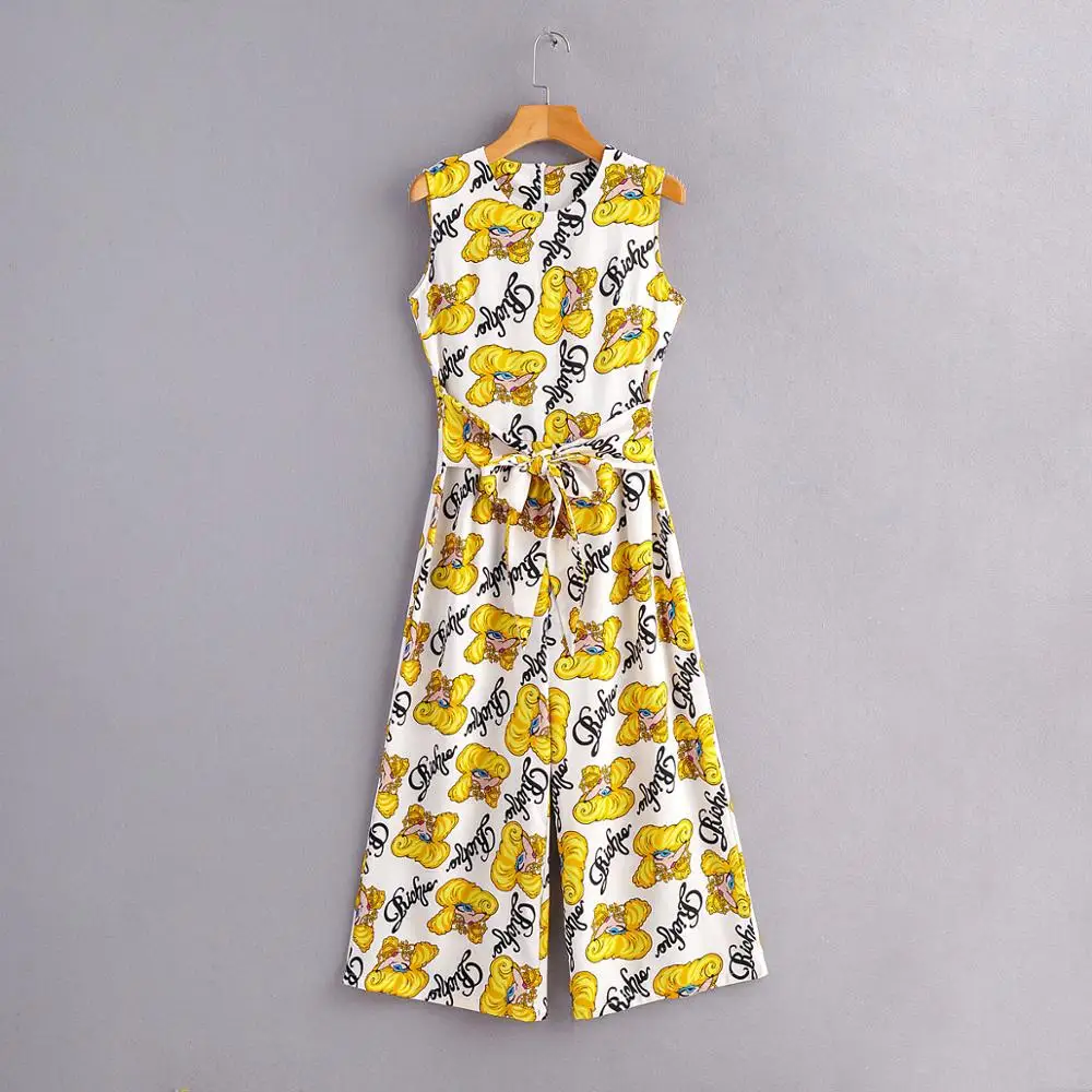 New women fashion o neck sleeveless cartoon pattern print siamese lady bow tied sashes wide leg conjoined pants jumpsuits LS6290