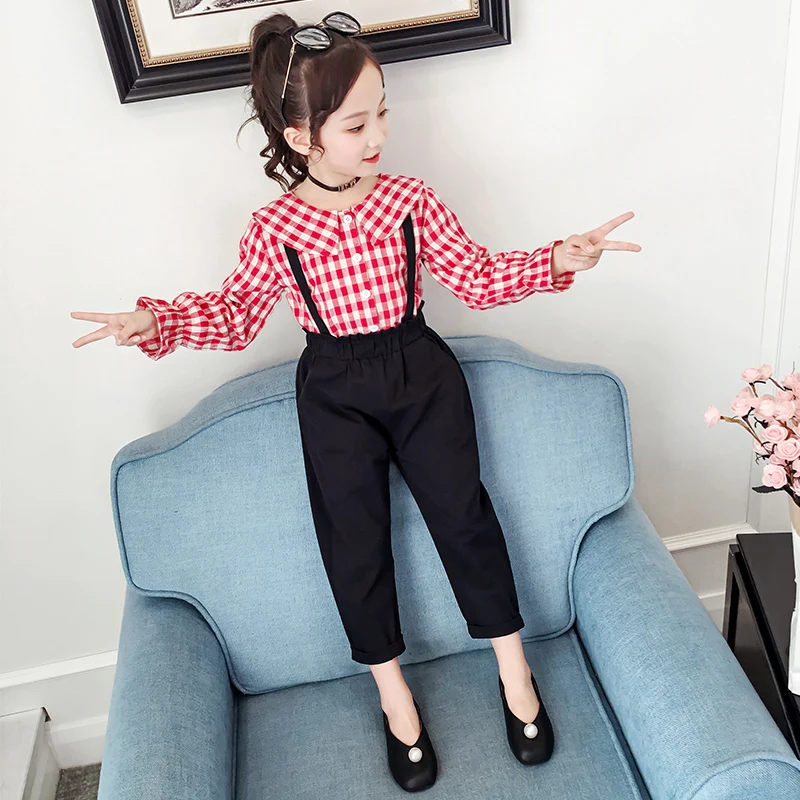 Casual Baby Girls Clothes New Plaid Cotton Shirts+ Suspender Pants 2PC Sets Fashion Kids Outfits Vestidos for 6 8 10 12 Years