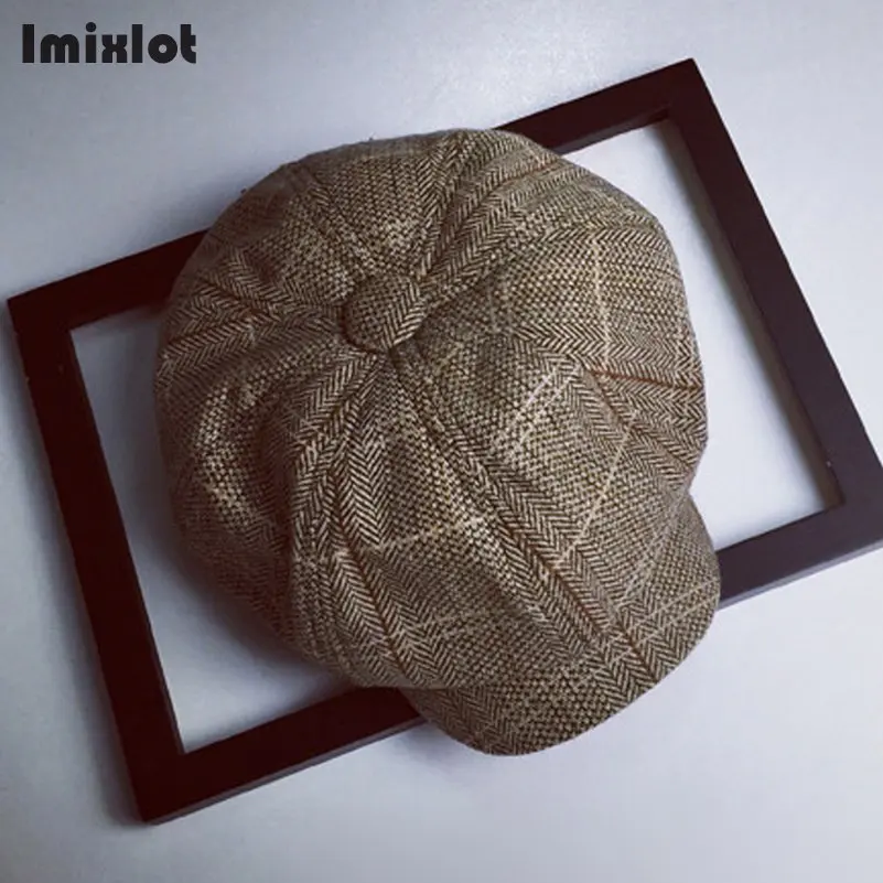 Imixlot, мужские береты в британском стиле, осенняя Новинка, винтажная Кепка с восьмиугольником в елочку, Женская Повседневная шапка с тыквой, плоский берет, шапки