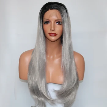 

Hand Tied Natural Long Wavy Ombre Black To Grey Heat Resistant Fiber Hair Synthetic Lace Front wigs for Make up Cosplay Party