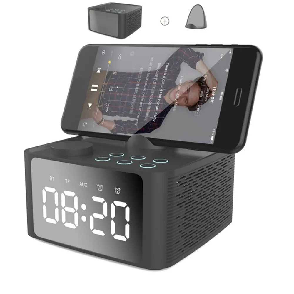 Bluetooth Speaker Dual Alarm Clock Wireless Audio Mobile Phone Holder Receipt Card Bluetooth Speaker