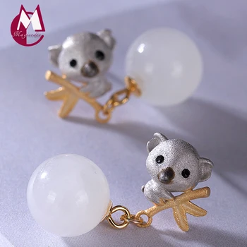 

Women Drop earring 100% Real Pure 925 Sterling Silver and Gold Plated Jade Bear Cartoon Dangle Wedding Earring Jewelry 2019 E05