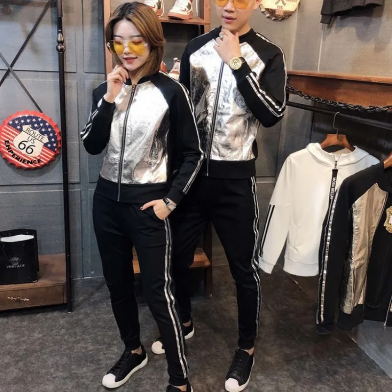 silver coat pant Весенне-осенний спортивный костюм для мужчин унисекс спортивный костюм с длинным рукавом тонкая куртка эластичная талия полосатые брюки белая футболка комплект из 3 предметов - Цвет: silver coat pant