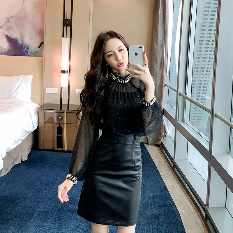 

2019 Spring New Products Debutante Elegant Half-Turtle-Neck Beads Transparent Tops + High-waisted PU Leather Skirt Three-piece S