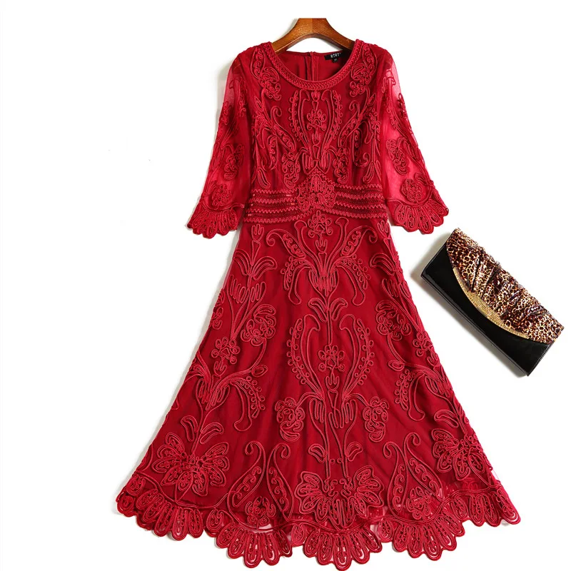 Slim Fit& Flare Dress Autumn Style Women O-Neck Allover Appliques Embroidery Red Wine Red Pink Black Dress Vestidos Festa