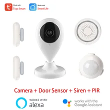 Système d'alarme vidéo intelligent, avec détecteur PIR, capteur de porte, sirène 100db, wi fi, caméra IP, HD, Alexa, Google, Tuya