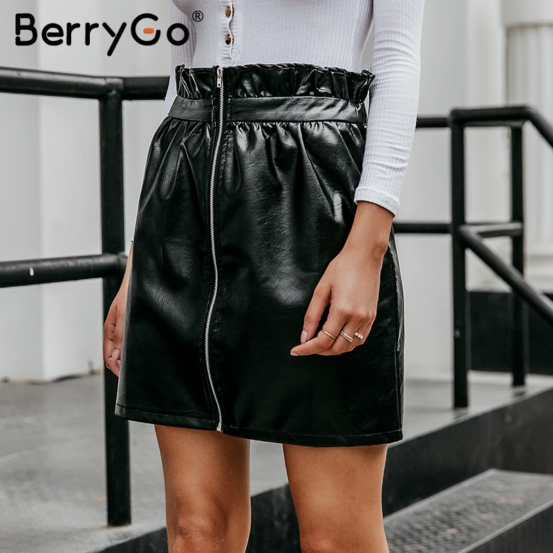 BerryGo гофрированная Женская юбка из искусственной кожи пикантные черные женские короткие мини-юбки с высокой талией на молнии вечерние женские юбки